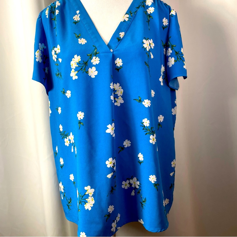 Hilary Radley Women's V-Neck Blue and White Floral Blouse Size XL